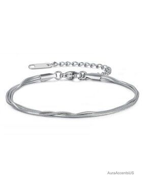 Women's Stainless Steel Stackable Bracelet, Snake Chain with Blue CZ